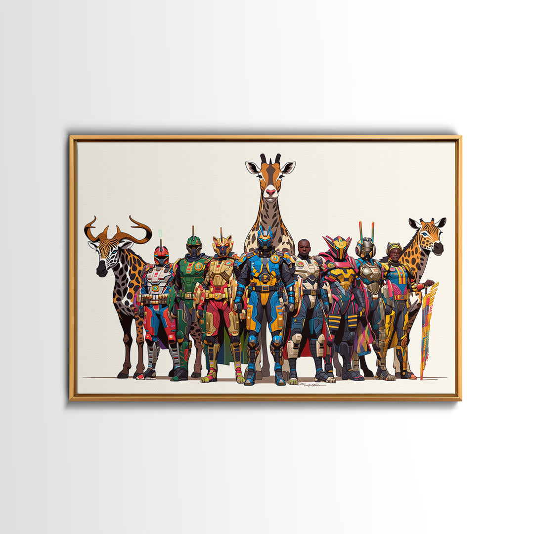 Afrofuturist Safari Warriors With Giraffes, African Wall Art, Framed Canvas Print, Tribal Queen Art, Bold Home Decor Gift