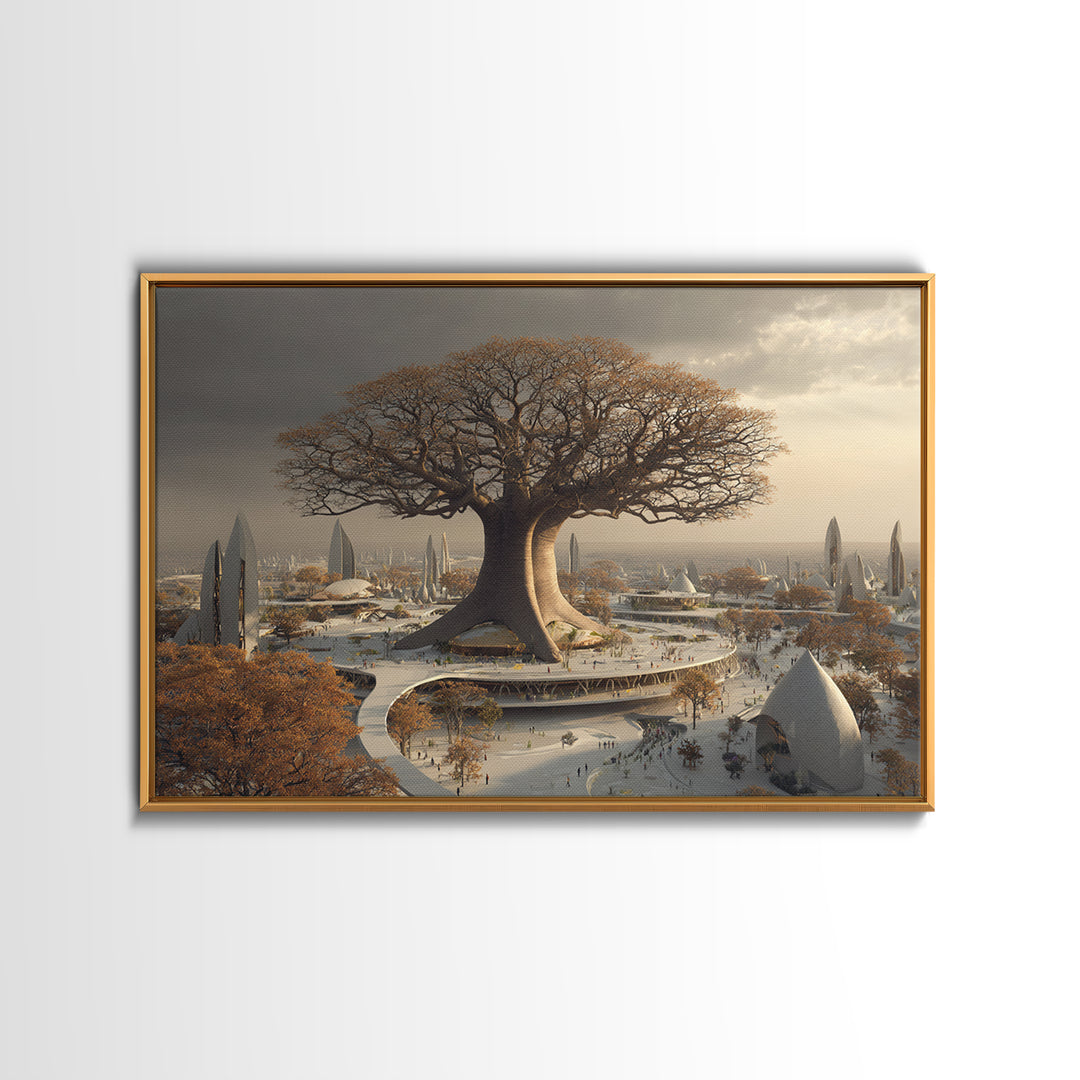 Giant Baobab Future City At Sunset, African Landscape Wall Art, Framed Canvas Print, Afrofuturism Decor, Statement Art For Living Room