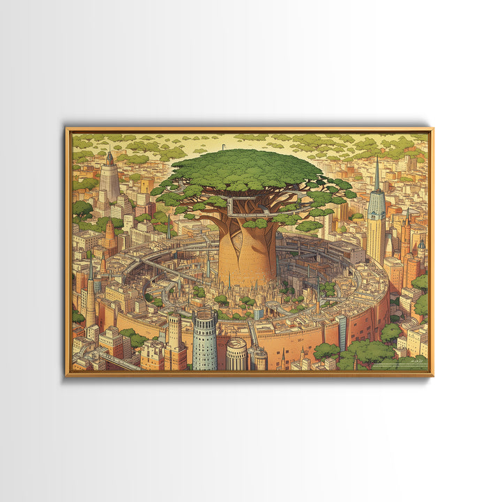 Illustrated Baobab Megacity, African Tree Wall Art, Framed Canvas Print, Afrofuturism Decor, Statement Cultural Home Decor Gift