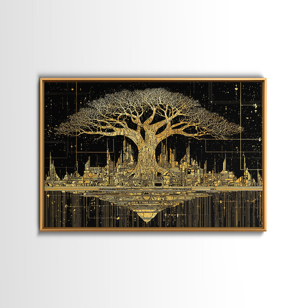 Gold Baobab Futuristic Skyline On Black, African Wall Art, Canvas Print, Black And Gold Art, Luxury Canvas Art Statement Home Decor
