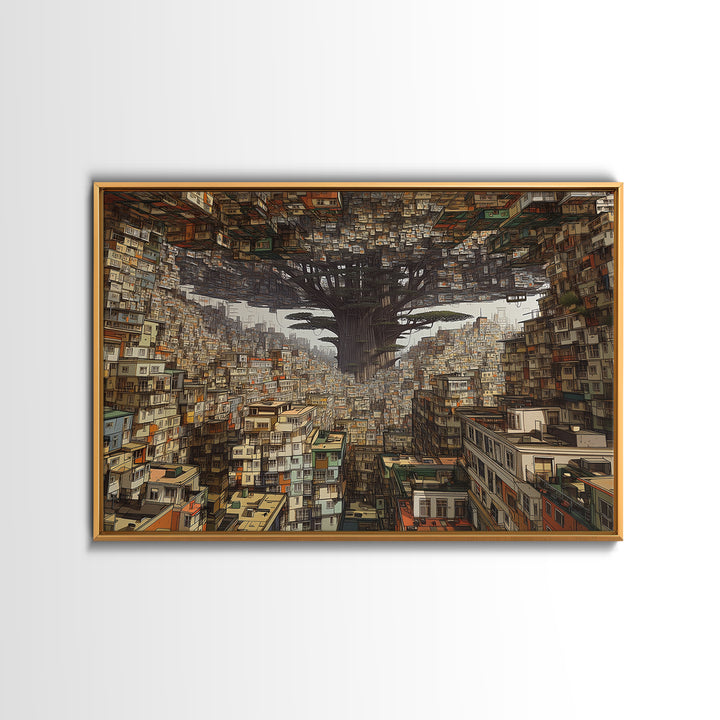 Upside Down Baobab Cityscape, African Abstract Wall Art, Framed Canvas Print, Urban Wall Art, Afrofuturism Statement Home Decor