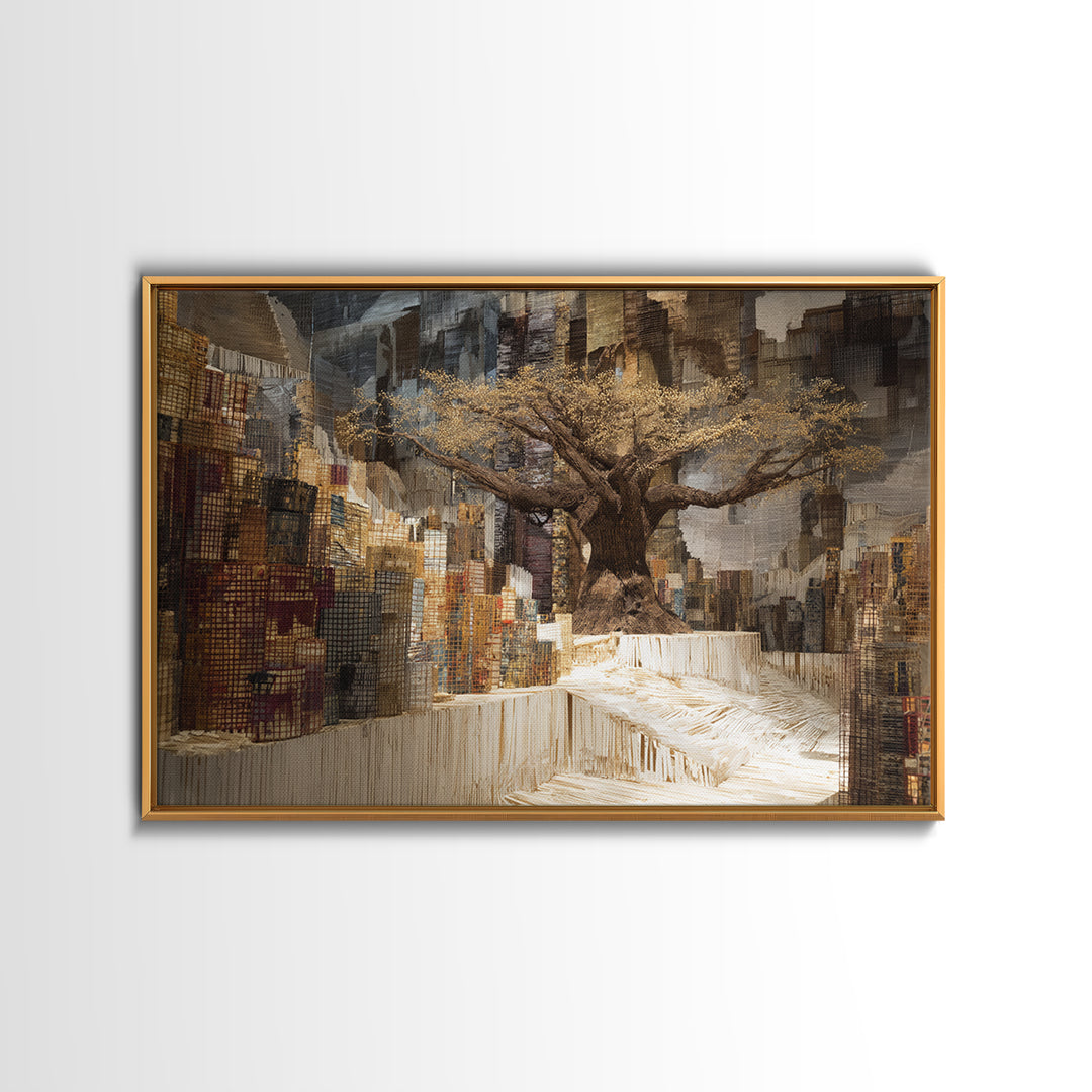 Golden Baobab In Abstract Cityscape Wall Art, African Landscape, Modern African Art, Earth Tone Living Room Decor Canvas