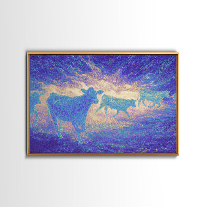 Neon Pastel Cows At Sunset Canvas Print, African Animal Art, Safari Art, Colorful Wall Decor, Farm Animal Living Room Art