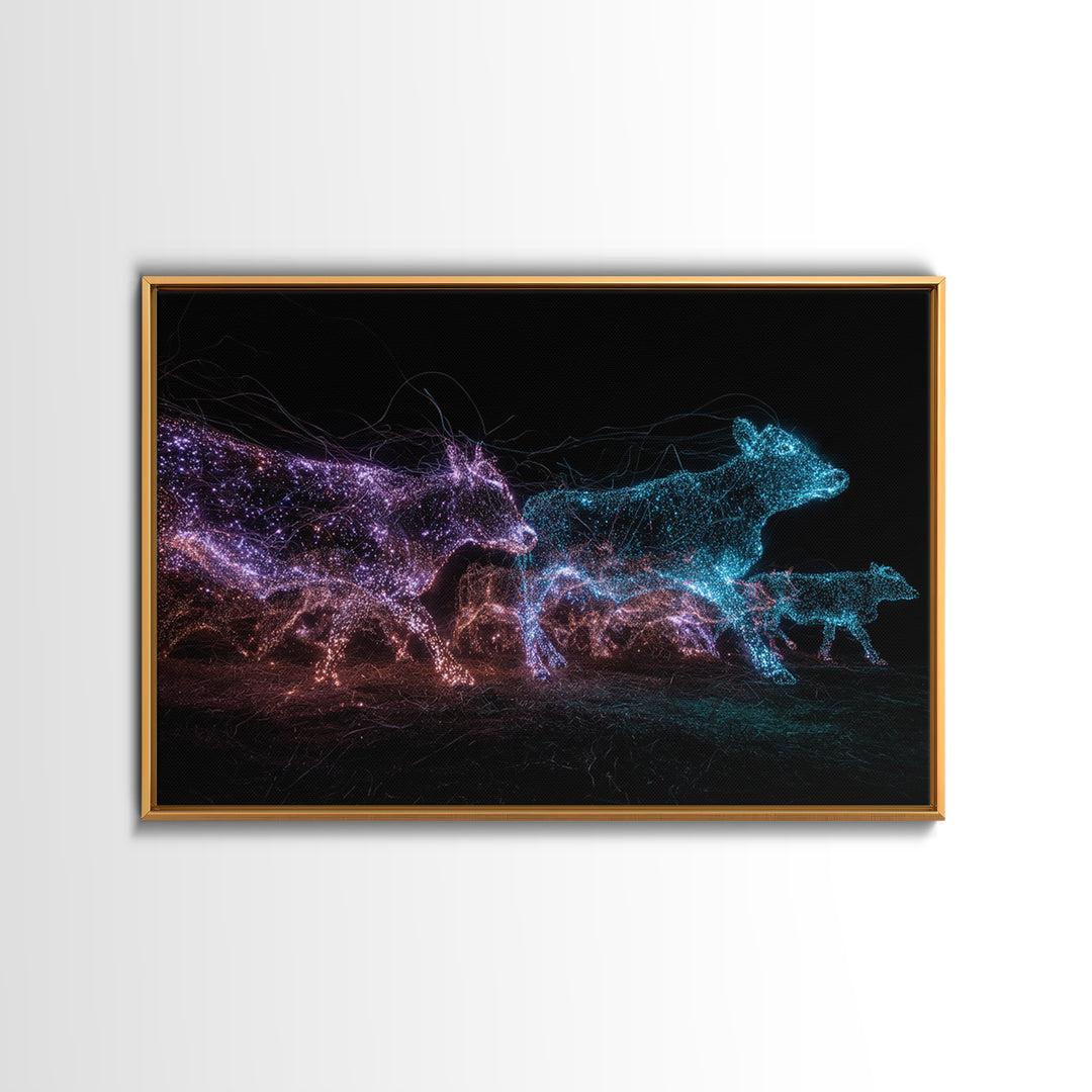 Glowing Digital Cattle Herd Wall Art, African Animal Art, Modern Abstract Black Art, Neon Safari Decor, Unique Canvas Print