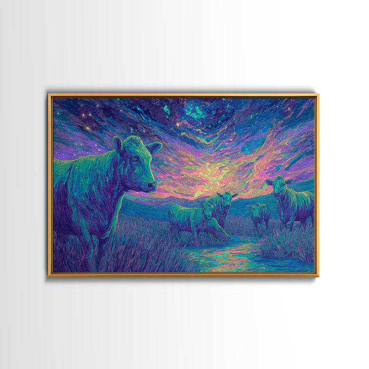 Violet Twilight Cows By Creek Wall Art, African Animal Art, Colorful Safari Art, Dreamy Wall Decor, Nature Scene Canvas Print