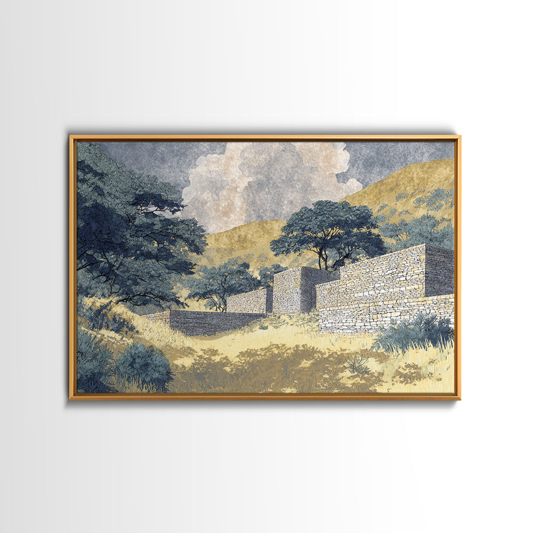 Sunlit Stone Walls In African Hills Framed Canvas Print, Serengeti Landscape Art, Earth Tone Safari Decor Gift, Living Room Wall Decor