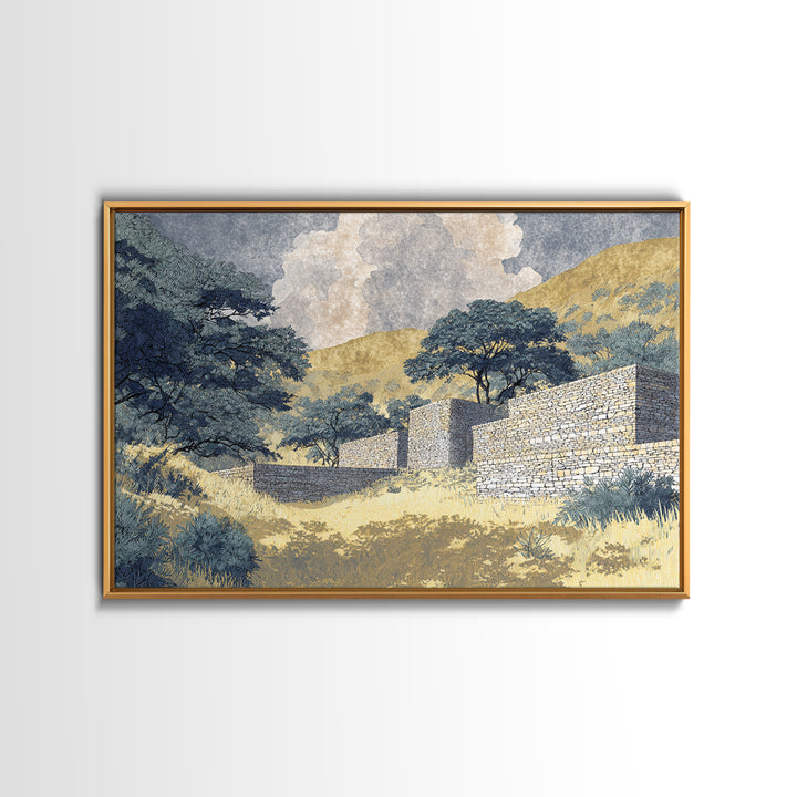 Sunlit Stone Walls In African Hills Framed Canvas Print, Serengeti Landscape Art, Earth Tone Safari Decor Gift, Living Room Wall Decor