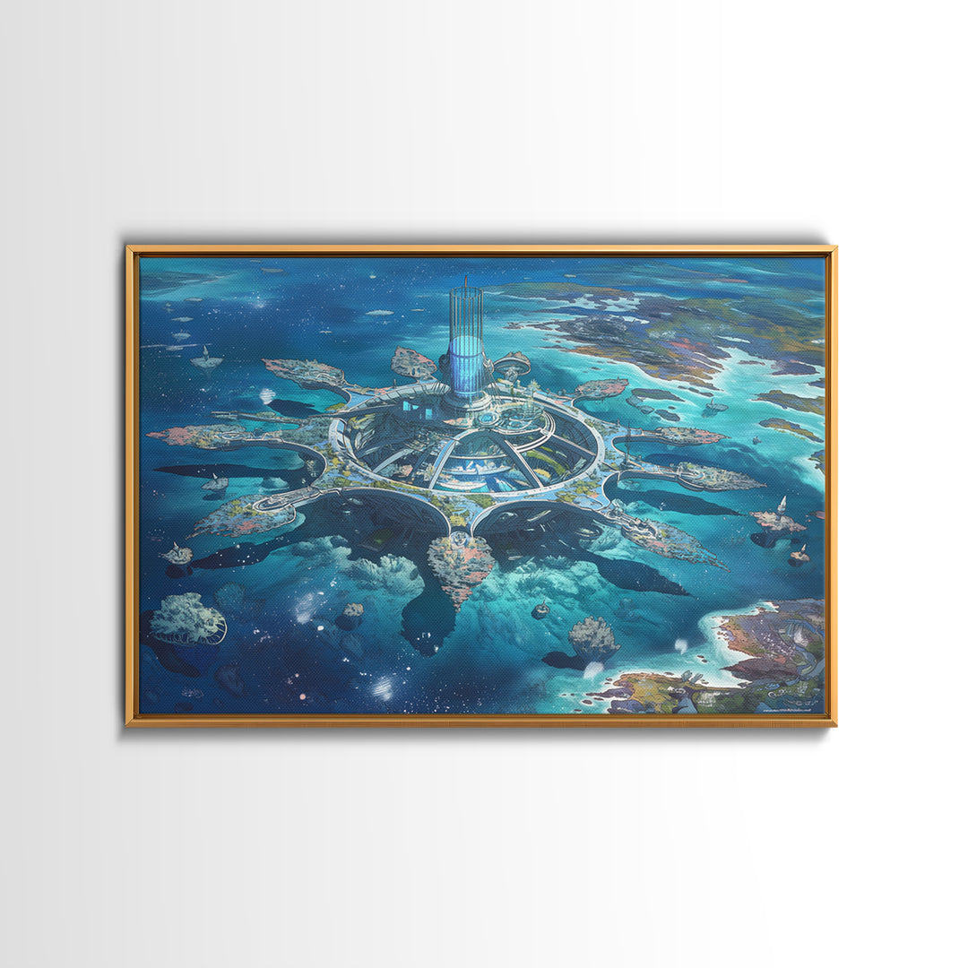 Futuristic Ocean City And Floating Islands Canvas Print, Afrofuturism Wall Art, Blue Sci Fi Coastal Home Decor For Office Gift