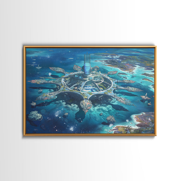 Futuristic Ocean City And Floating Islands Canvas Print, Afrofuturism Wall Art, Blue Sci Fi Coastal Home Decor For Office Gift