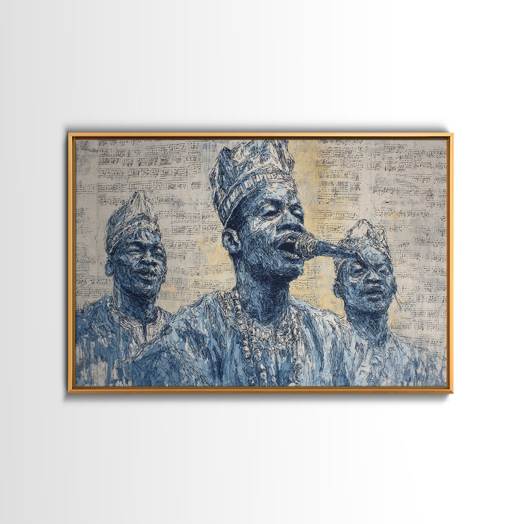 Blue Ink African Musicians Singing In Traditional Hats Wall Art, Cultural Portrait Art Print, Black History Home Decor Gift