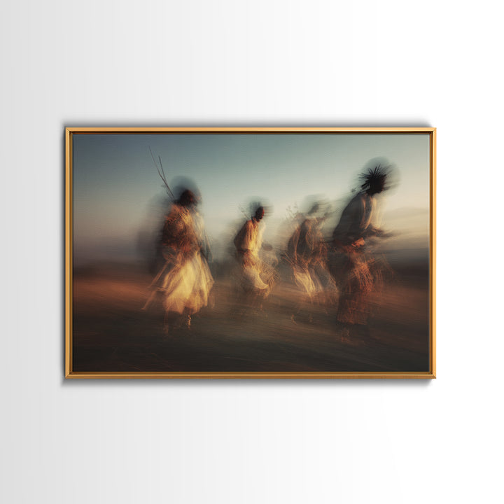 Twilight Tribal Warriors Dancing Framed Canvas Print, African Warrior Art, Safari Culture Wall Decor, Ethnic Home Decor Gift