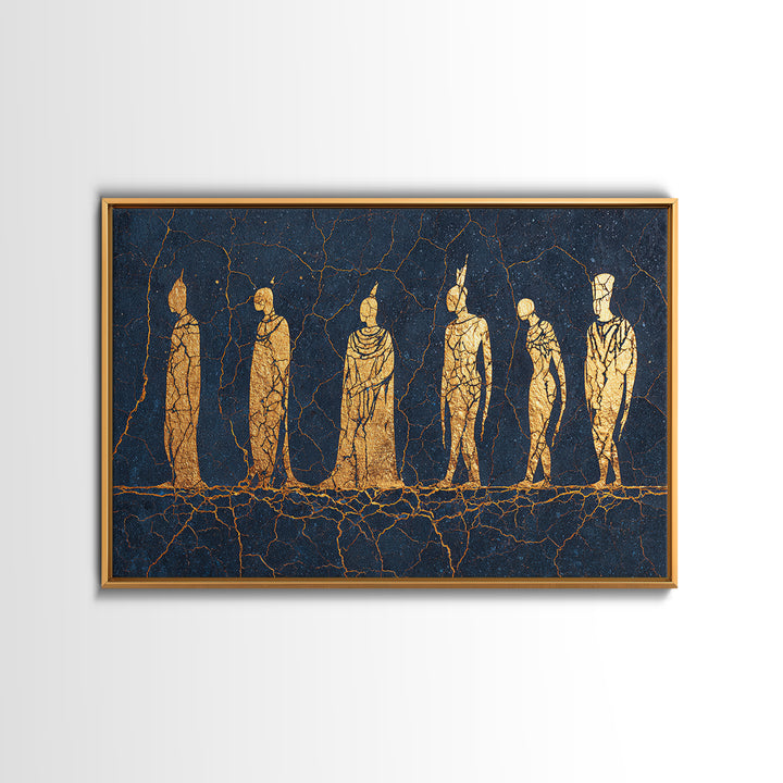 Golden Tribal Figures On Cracked Blue Wall Art, Ancient African Art Print, Ethnic Sculpture Decor, Cultural Home Decor Gift