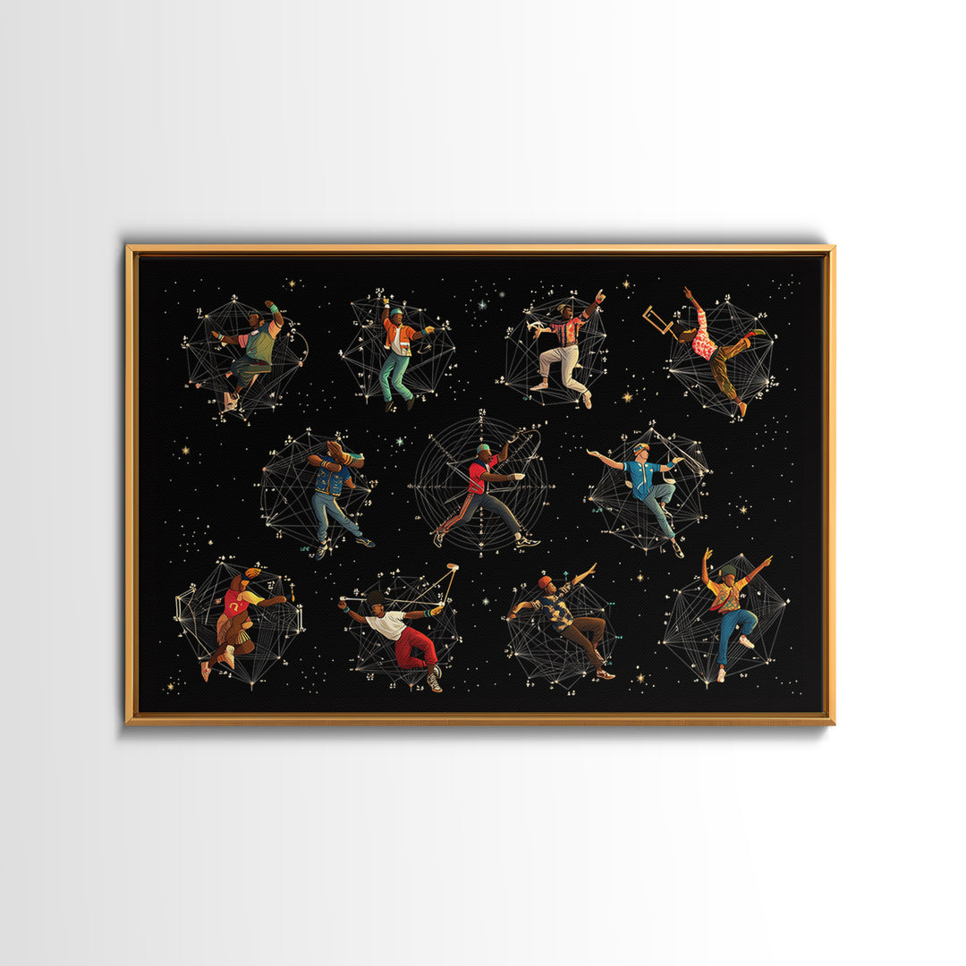 Cosmic African Dancers With Geometric Stars Wall Art, Afrofuturism Decor, Black Culture Art Print, Modern Canvas Art Gift