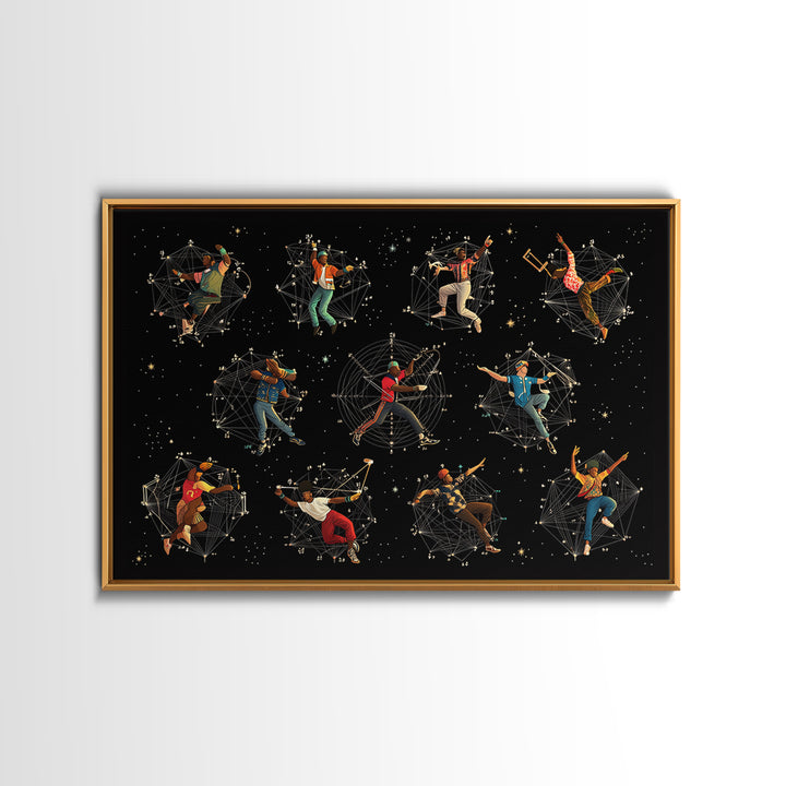 Cosmic African Dancers With Geometric Stars Wall Art, Afrofuturism Decor, Black Culture Art Print, Modern Canvas Art Gift