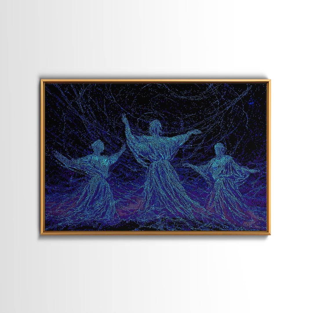Glowing Blue African Dancers In Starry Motion Wall Art, Afrocentric Decor, Spiritual Feminine Canvas, Modern Black Art Prints