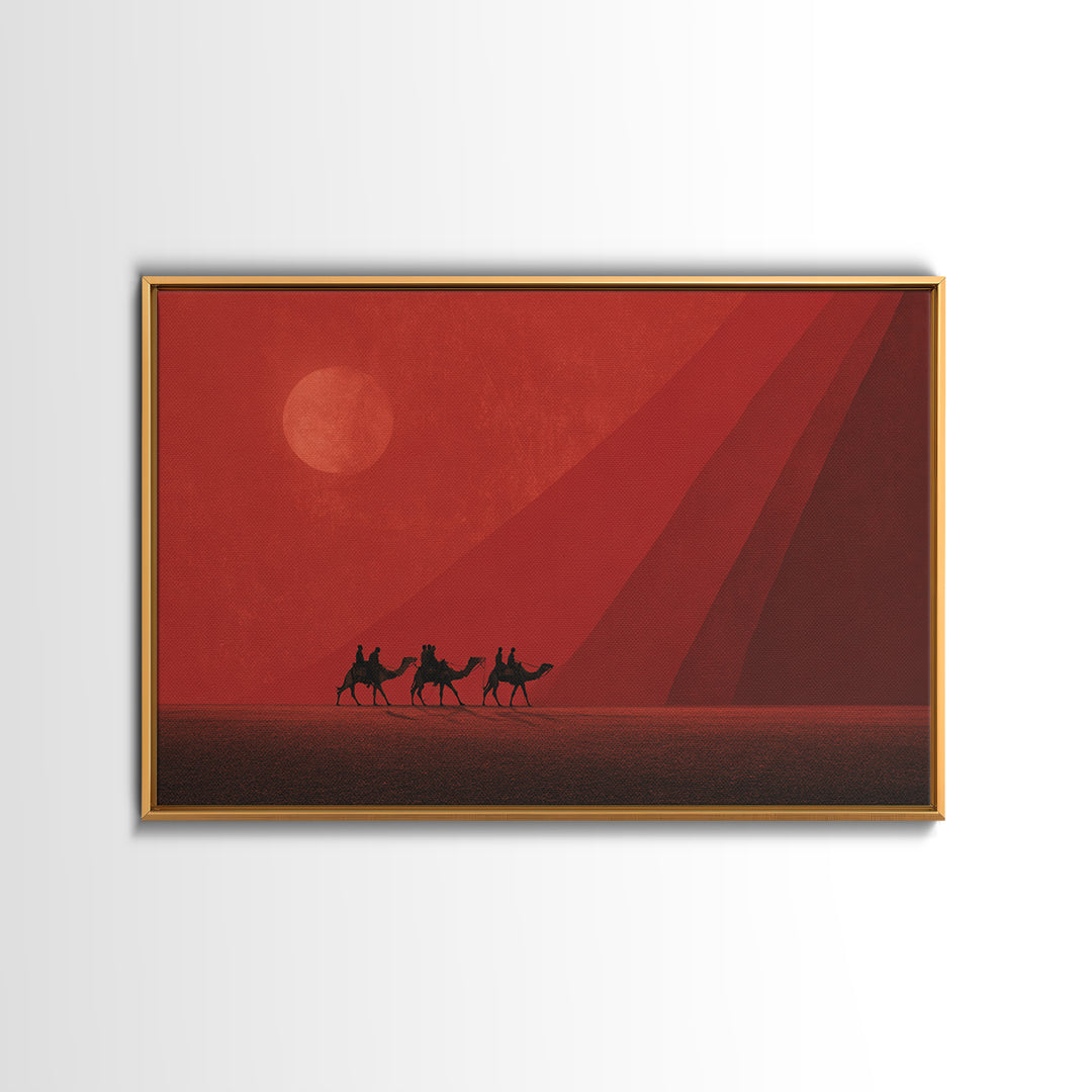 Red Desert Camel Caravan At Sunset Canvas Print, African Safari Art, Morocco Travel Poster, Earth Tone Wall Decor Gift For Him