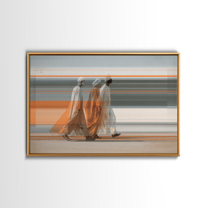 Three Robed Travelers In Motion Wall Art, African Inspired Modern Canvas, Cultural Home Decor, Statement Living Room Print