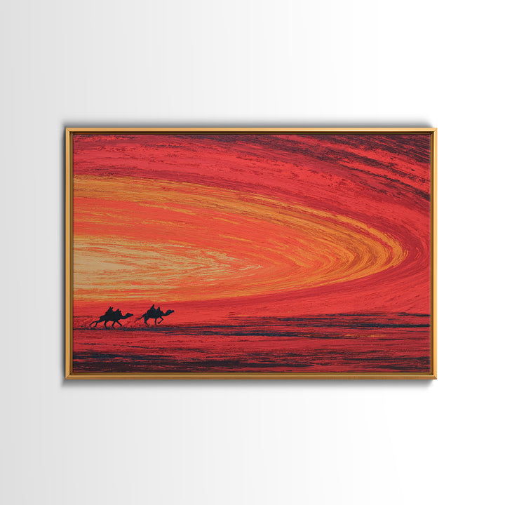 Camels Crossing Fiery Desert Sunset Canvas Print, African Safari Art, Burnt Orange Decor, Travel Poster, Statement Wall Decor