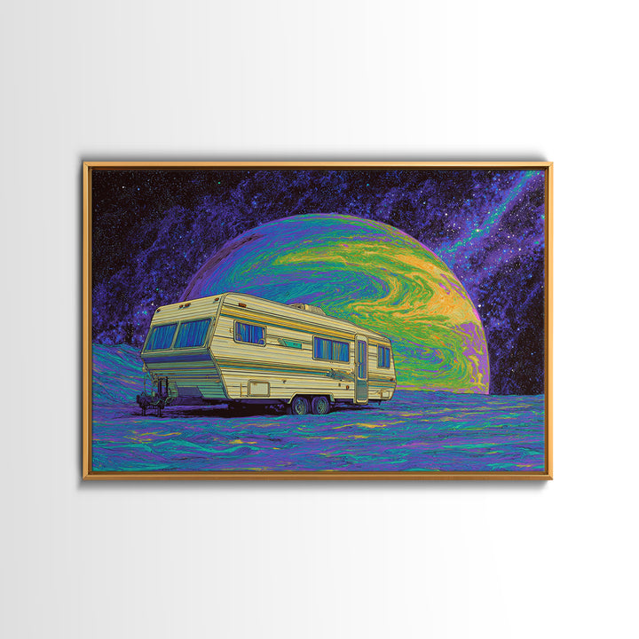 Retro Camper On Psychedelic Alien Planet Canvas Print, Digital Art, Afrofuturism Decor, Space Travel Poster, Unique Wall Decor
