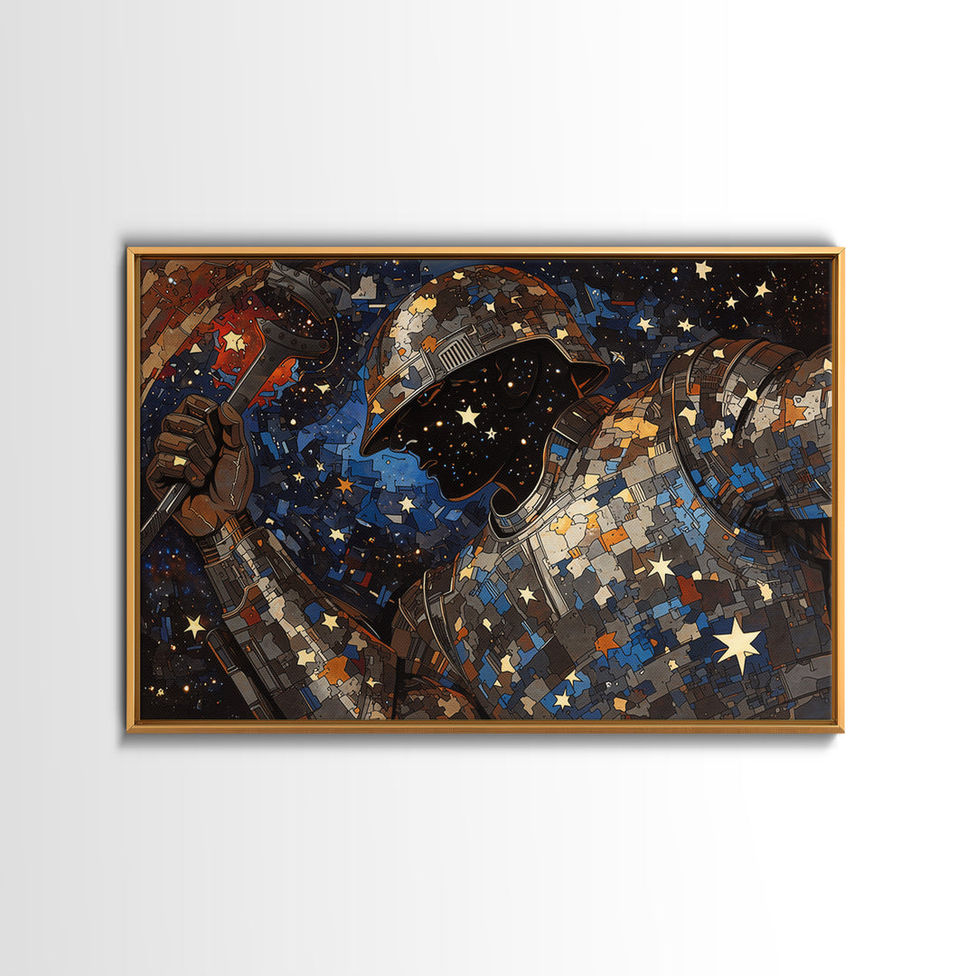 Star Filled Cosmic Warrior Portrait Framed Canvas Print, African Warrior Art, Afrofuturism Decor, Bold Contemporary Art Print