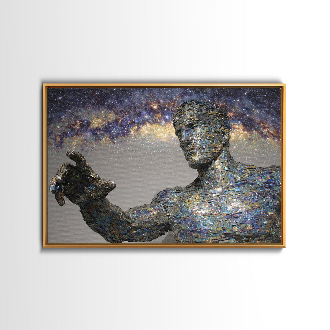Faceless Cosmic Figure Reaching To Stars Framed Canvas Print, Modern Sculpture Art, Galaxy Wall Decor, Unique Canvas Art