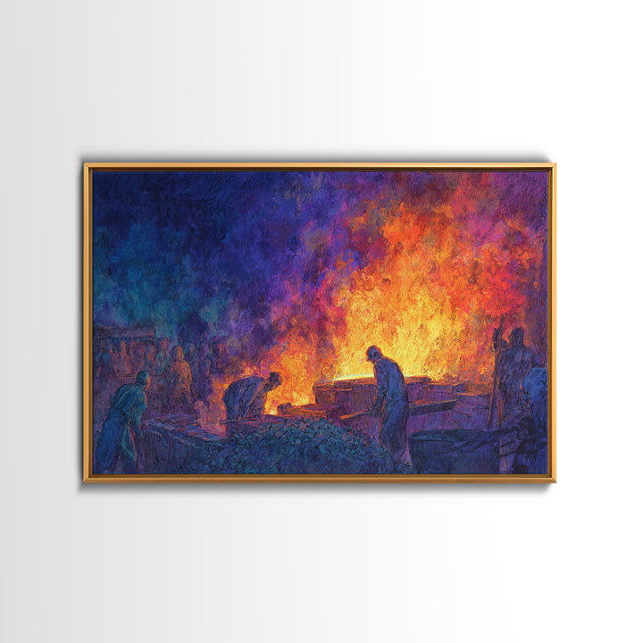 Workers Around Blazing Forge Wall Art, African American Art, Industrial Painting, Blue Orange Decor, Cultural Home Decor