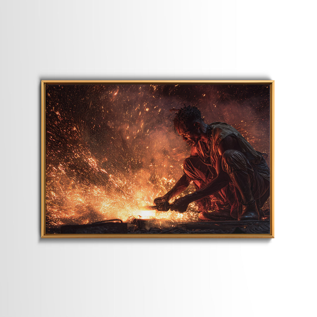 Black Artisan Forging Sparks Framed Canvas Print, African American Art, Black Man Portrait, Powerful Industrial Wall Decor Gift