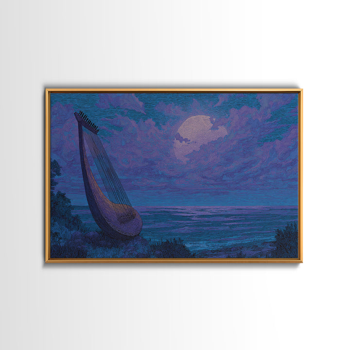 Moonlit African Kora By Ocean, Blue Purple Canvas Print, Afrocentric Wall Decor, African Music Art, Dreamy Coastal Decor