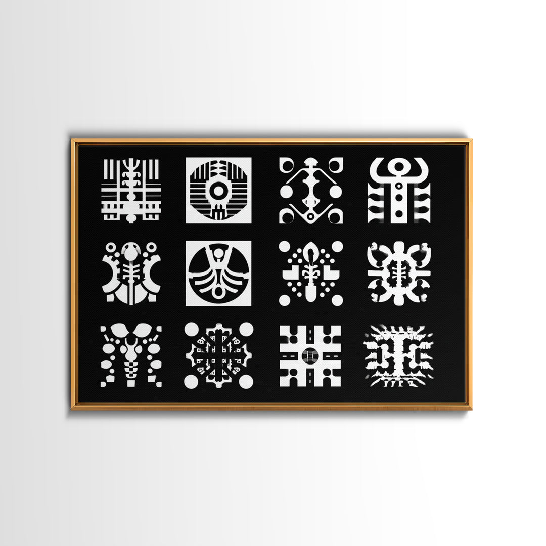 Black And White African Tribal Symbols Wall Art, Geometric Pattern Print, Afrocentric Decor, Modern African Art, Bold Office Decor