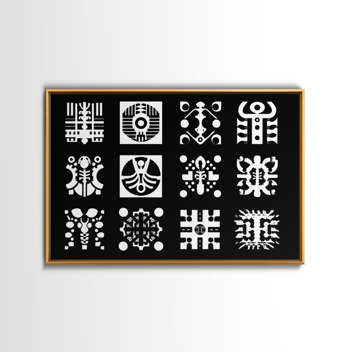 Black And White African Tribal Symbols Wall Art, Geometric Pattern Print, Afrocentric Decor, Modern African Art, Bold Office Decor