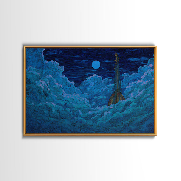 Blue Moon African Kora In Clouds Canvas Print, Dreamy Night Sky Wall Art, Afrocentric Music Decor, Mystical Bedroom Decor
