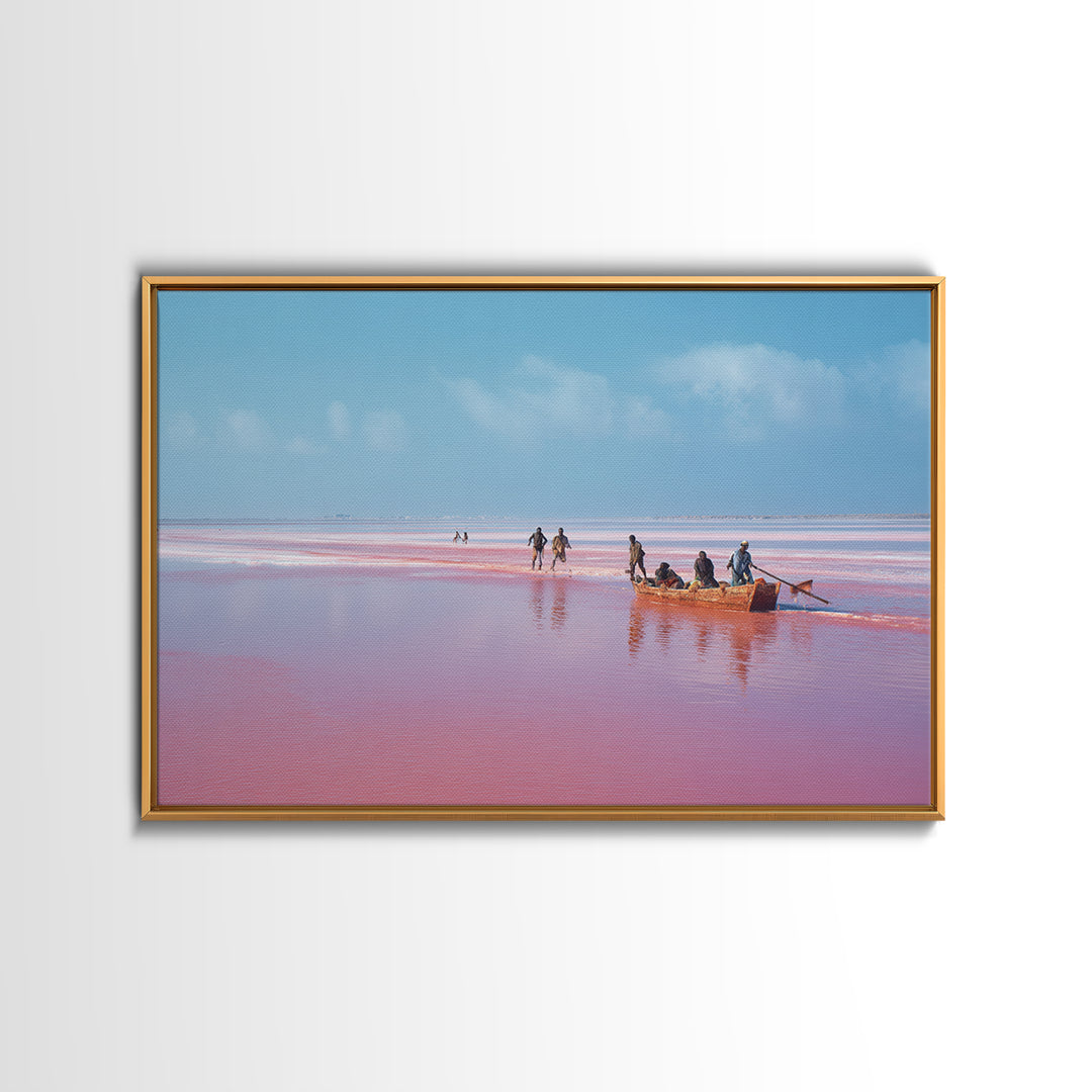 Pink Lake Boat With African Fishermen Wall Art, Senegal Travel Photography, Coastal Canvas Print, Pastel Blue Home Decor Gift