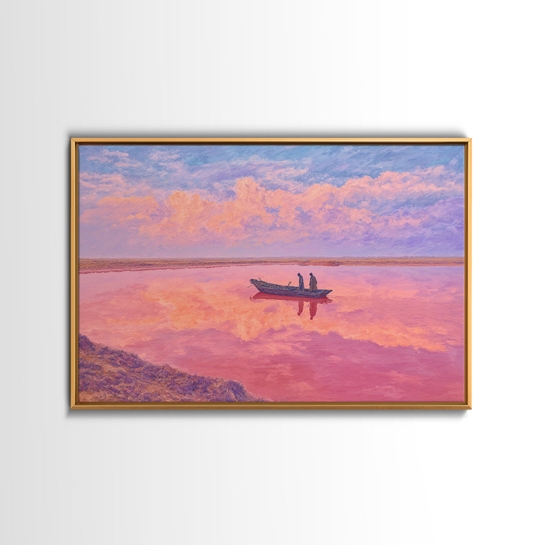 Pastel Pink Lake Boat At Sunset Canvas Print, African Landscape Wall Art, Dreamy Coastal Decor, Senegal Inspired Travel Gift