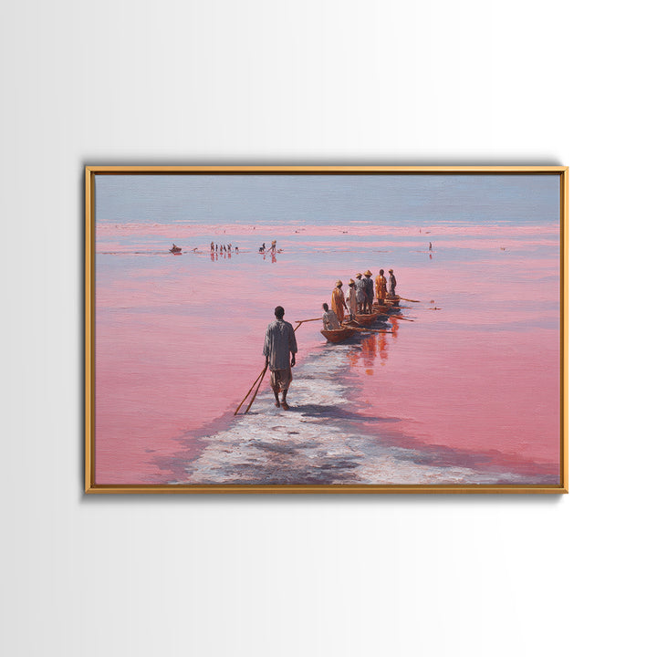 Pink Salt Lake Fishermen And Boats Wall Art, African Landscape, Senegal Travel Poster, Coastal Fishing Decor, Large Canvas