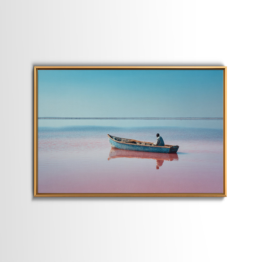 Lone Blue Boat On Pink Lake Canvas Print, African Landscape, Minimalist Travel Poster, Serene Coastal Wall Decor Gift For Home