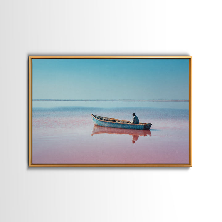 Lone Blue Boat On Pink Lake Canvas Print, African Landscape, Minimalist Travel Poster, Serene Coastal Wall Decor Gift For Home