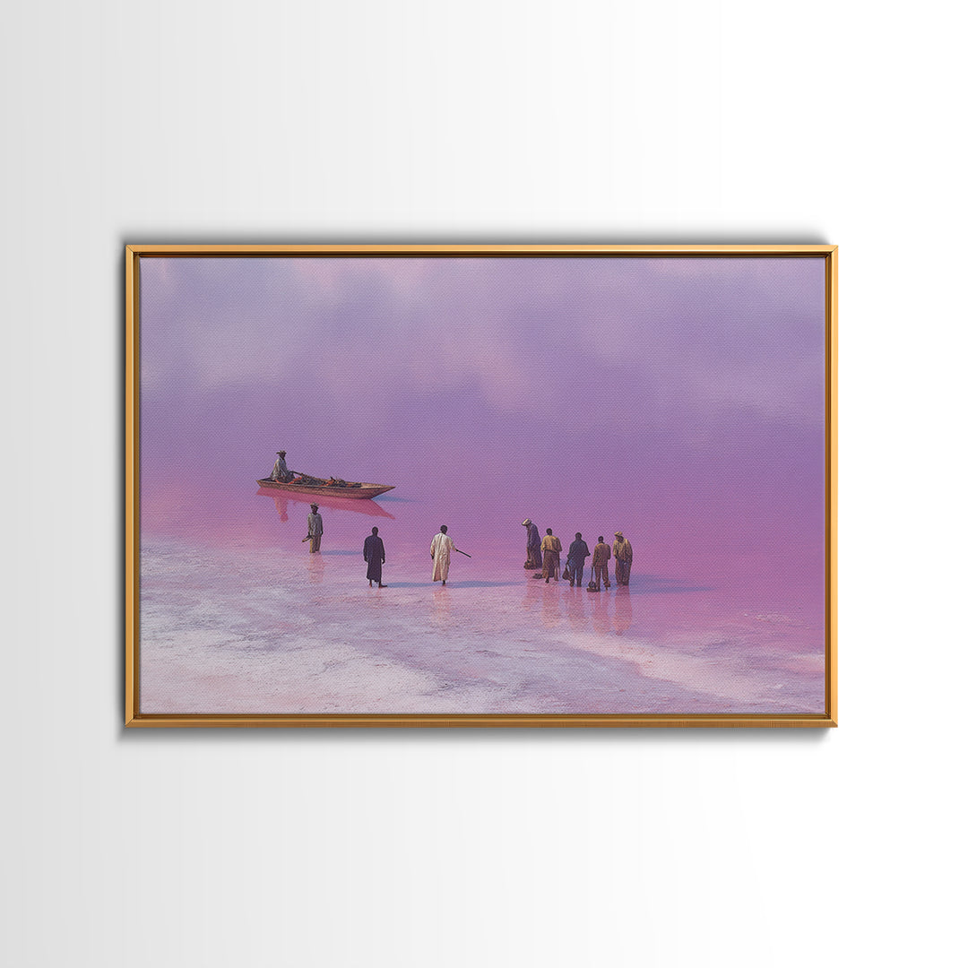 Purple Pink Salt Lake Boat Scene Wall Art, African Landscape, Coastal Travel Poster, Cultural Home Decor, Large Canvas Print