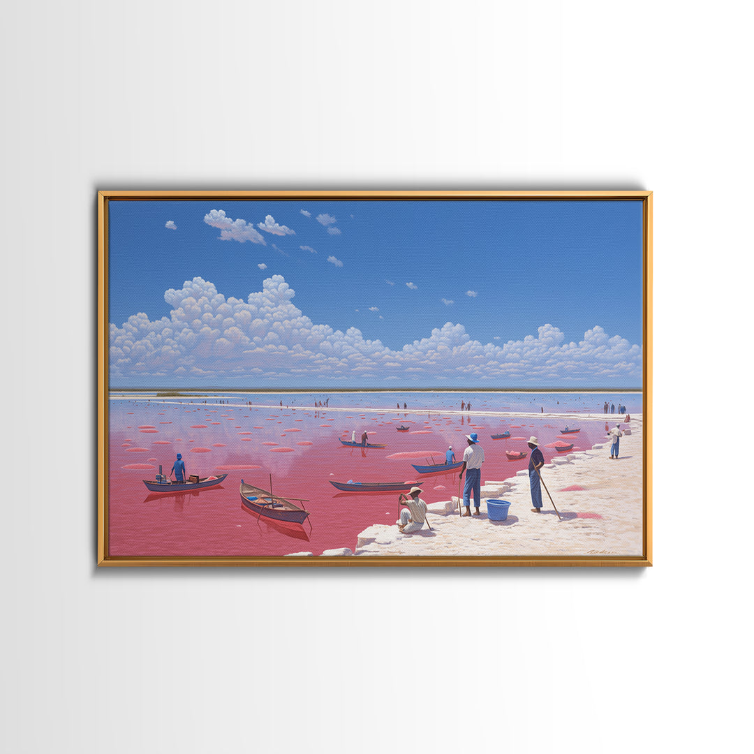 Vibrant Pink Lake Boats Under Clouds Framed Canvas Print, African Landscape, Senegal Travel Poster, Coastal Wall Decor Gift