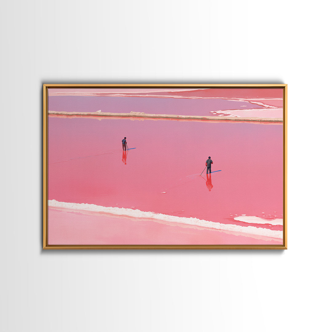 Two Figures Walking Pink Salt Flats Wall Art, Minimalist African Landscape, Dreamy Pink Decor, Modern Coastal Canvas Print