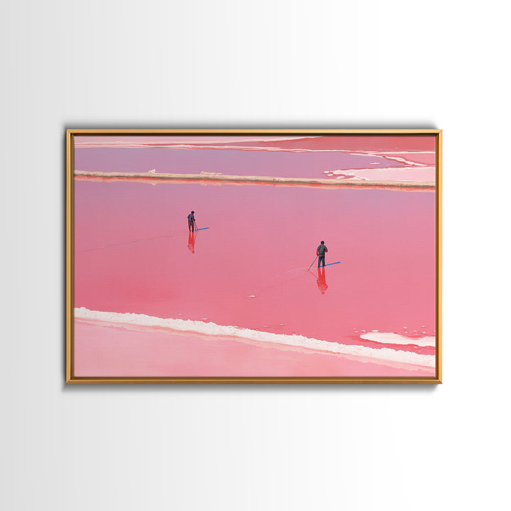 Two Figures Walking Pink Salt Flats Wall Art, Minimalist African Landscape, Dreamy Pink Decor, Modern Coastal Canvas Print