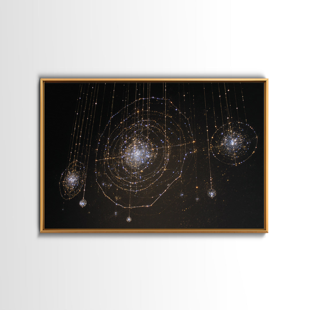 Golden Hanging Galaxy Lights Wall Art, Abstract Black Background, Spiritual Modern Art, Luxury Home Decor, Dreamy Canvas Print