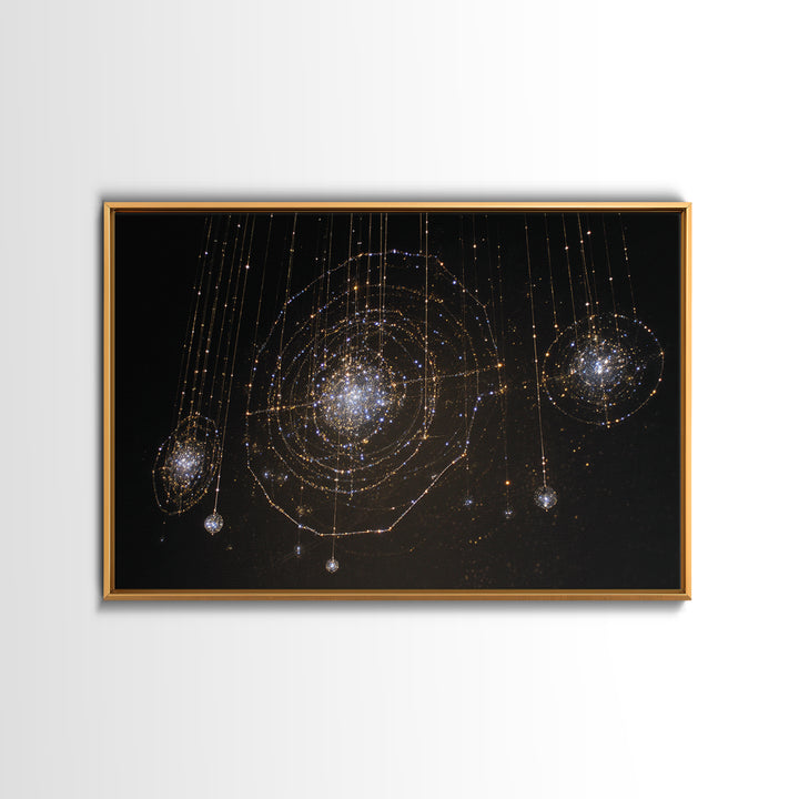 Golden Hanging Galaxy Lights Wall Art, Abstract Black Background, Spiritual Modern Art, Luxury Home Decor, Dreamy Canvas Print