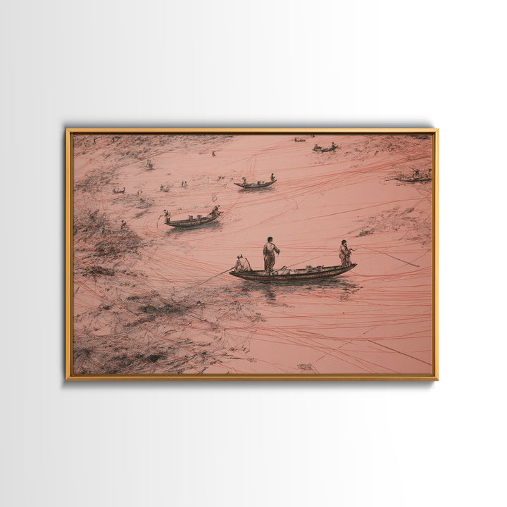 Aerial Pink Salt Lake Boats And Tracks Wall Art, African Landscape, Minimalist Coastal Poster, Earth Tone Canvas Print Decor