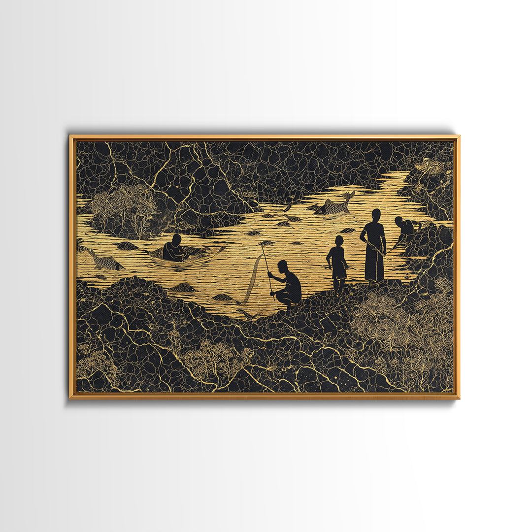 Golden River Village Silhouettes Wall Art, African Wall Art, Black Culture Art, Tribal Landscape, Cultural Home Decor Gift