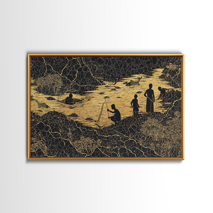 Golden River Village Silhouettes Wall Art, African Wall Art, Black Culture Art, Tribal Landscape, Cultural Home Decor Gift