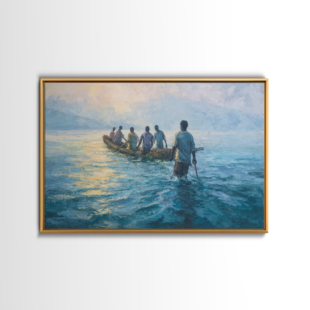 Blue Lake Fishermen In Canoe Canvas Print, African Art Print, Coastal Water Painting, Living Room Decor, Unique Canvas Gift