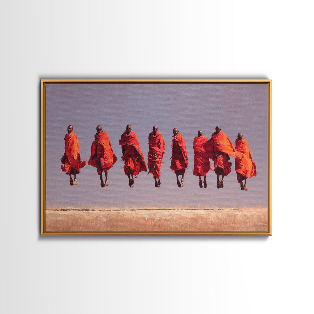Seven Red Robed Maasai Jumpers Wall Art, African Tribal Art, East Africa Painting, Bold Wall Decor, Empowered Women Gift