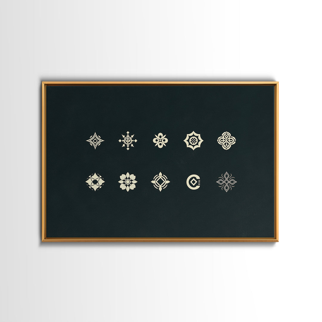 Cream Tribal Symbols On Black Canvas Print, African Patterns, Geometric Wall Art, Minimalist Decor, Ethnic Home Decor Gift