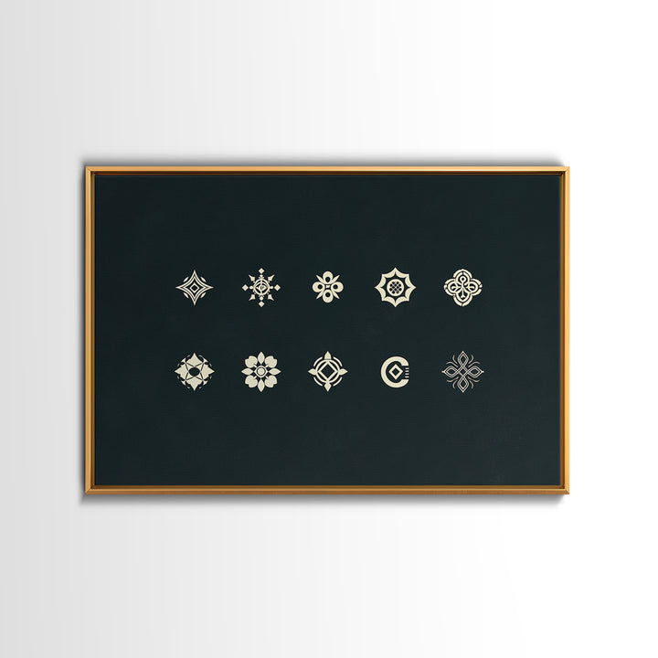 Cream Tribal Symbols On Black Canvas Print, African Patterns, Geometric Wall Art, Minimalist Decor, Ethnic Home Decor Gift