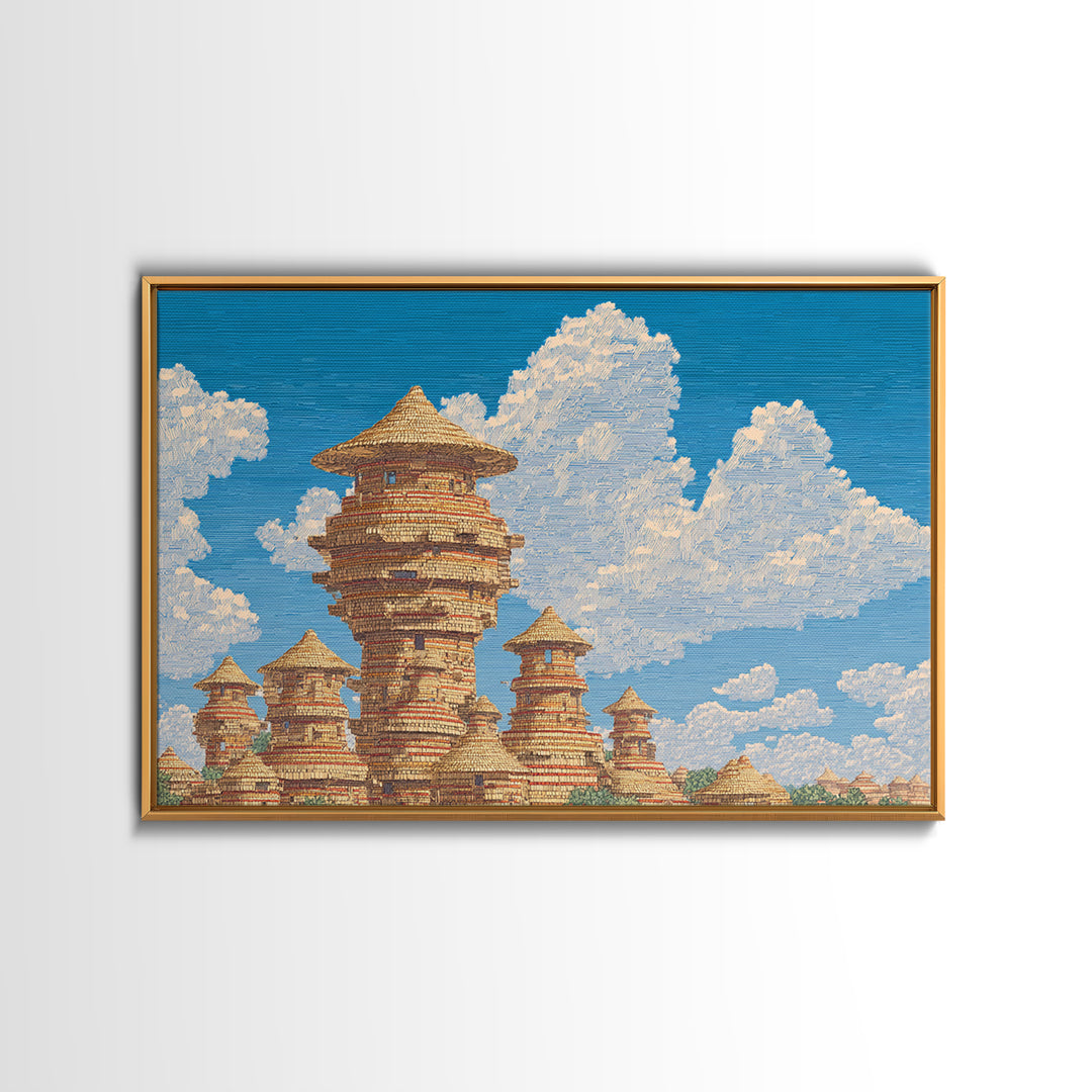 Sunlit African Village Towers Canvas Print Traditional African Architecture Wall Art Earth Tone Safari Decor Cultural Art Print
